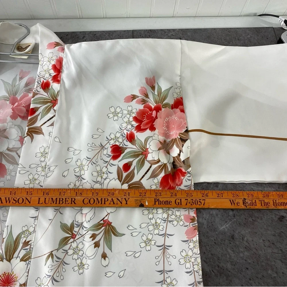 Vintage Kimono Women One Size Japanese White Poly Floral Coverup Asian Botanical - Picture 10 of 11